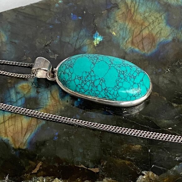 Sterling Silver 925 Oval Dyed Howlite Faux Turquoise Necklace & Earring Set - Picture 4 of 16